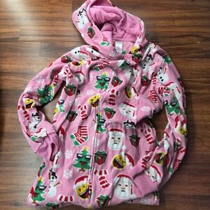 Girls Pink Christmas Holiday One Piece Zip Up PJs Children's Place XL (14) Hoode